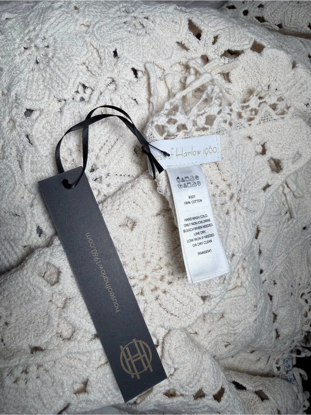 House of Harlow 1960 Ivory Crochet Fringe Triangle Shawl 100% Cotton